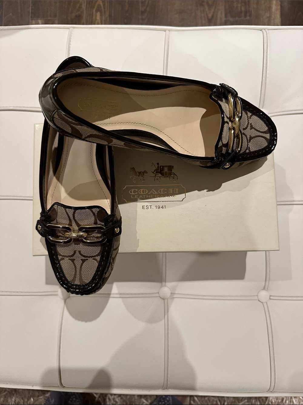 Coach Brown Signature Canvas Loafers with Black Patent Trim and Gold Chain - Picture 1 of 7